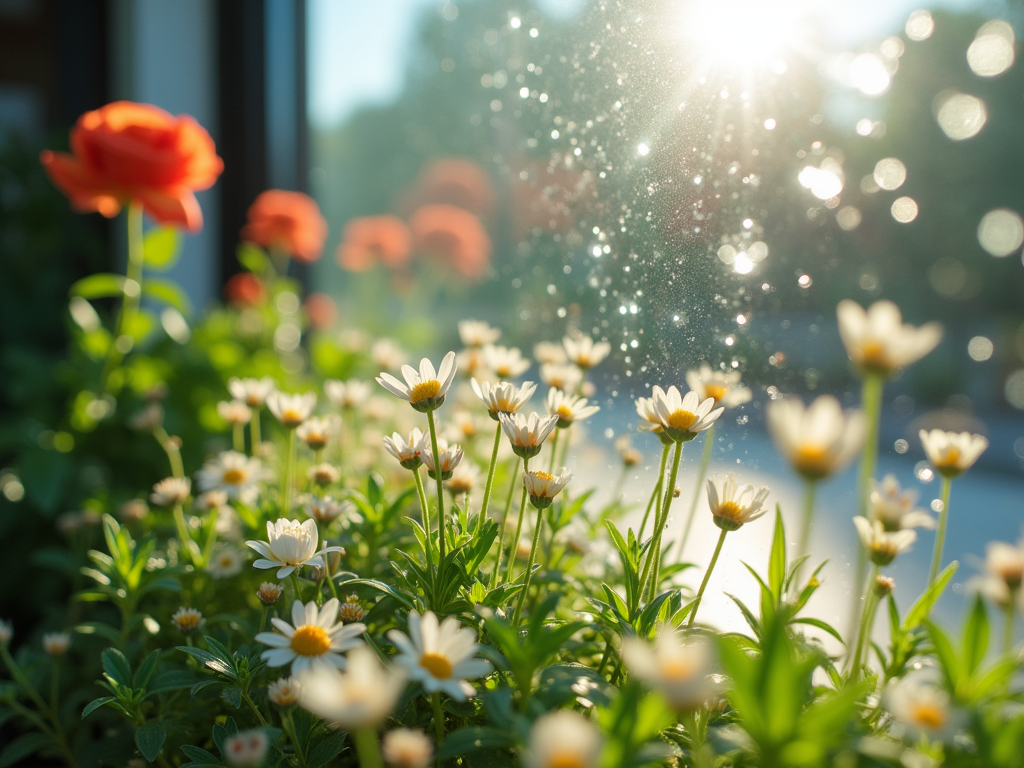 Sunlit garden with white daisies and red roses, sparkling water droplets in the air.