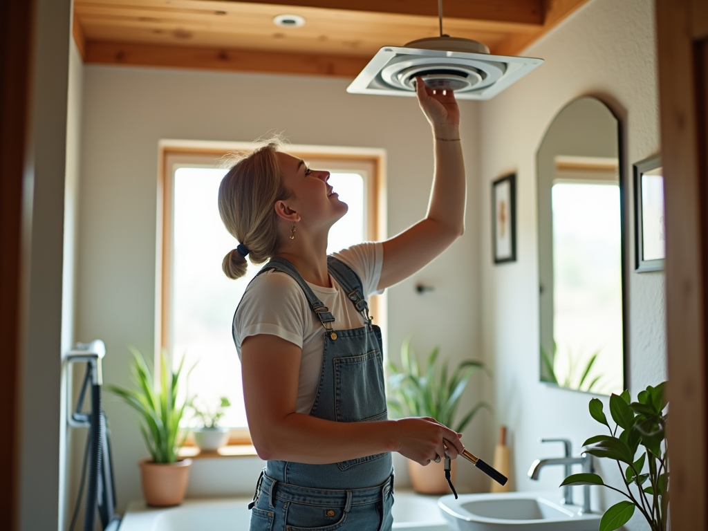 Woman in overalls adjusting ceiling light in a well-lit bathroom.