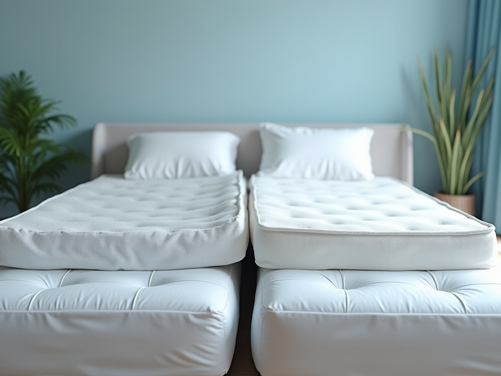 Two stacked white mattresses in a serene bedroom with blue walls and green plants.