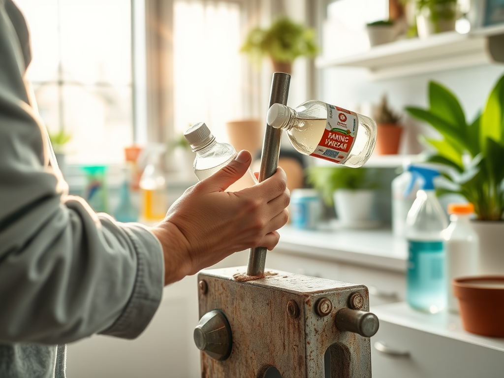 A person holds two bottles while using a press in a bright kitchen filled with plants and cleaning supplies.