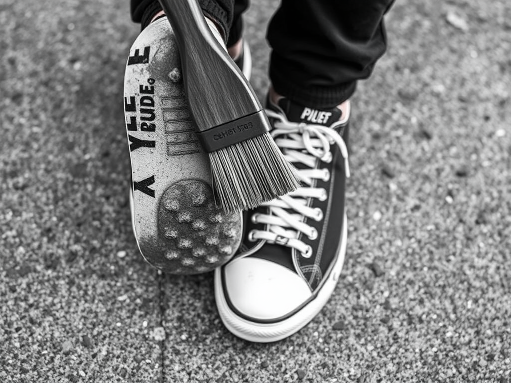 A close-up of a sneaker with a cleaning brush resting on it, focusing on the sole and the textured ground.