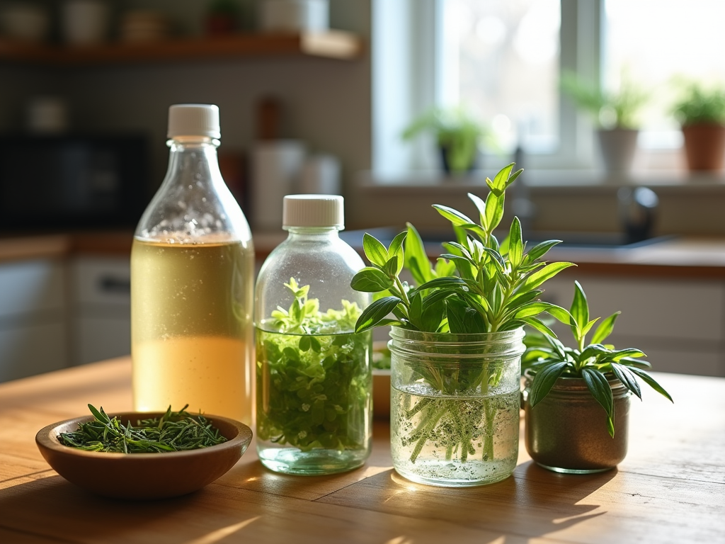 Bottles of herbal infusions and fresh plants on a sunny kitchen counter.