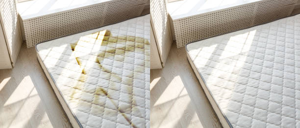 Image showing a stained mattress before and after cleaning, illustrating effective stain removal methods.