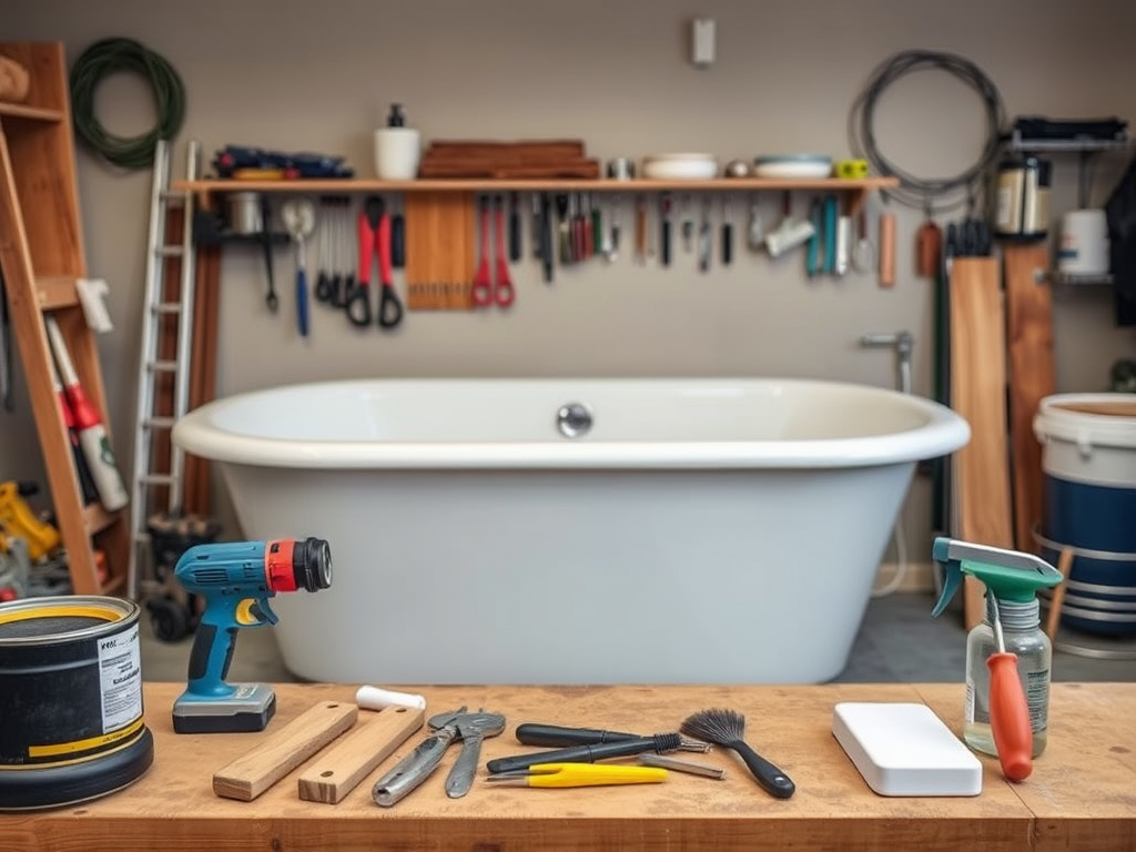 A bright workspace featuring a white bathtub and various tools on a wooden table, with shelves of supplies behind.