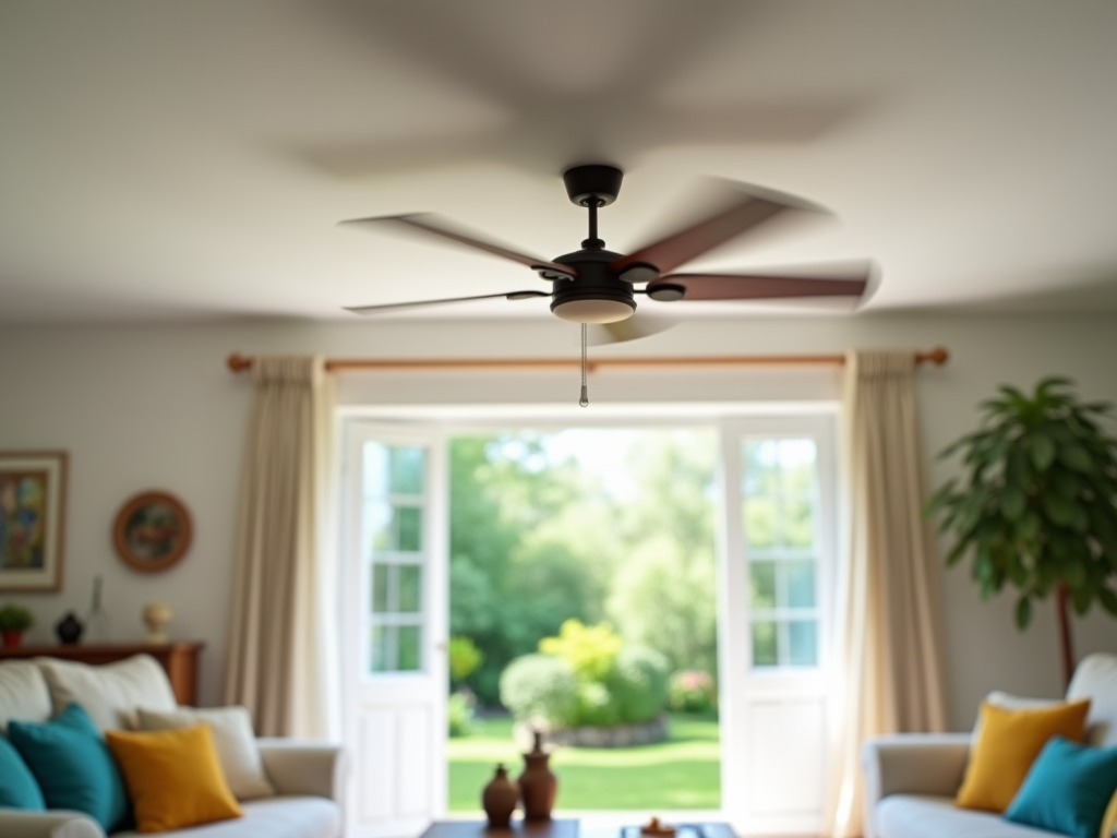 A ceiling fan spinning in a bright, cozy living room, with a view of a sunny garden through an open door.