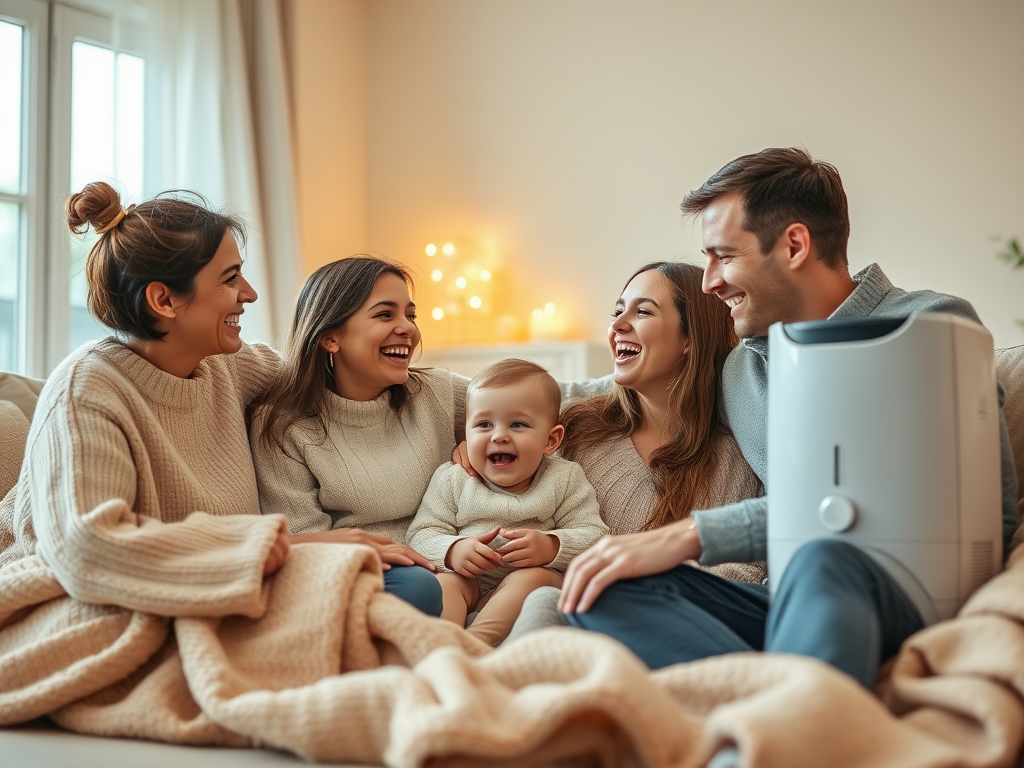 A joyful family of five sits together on a couch, wrapped in blankets, laughing and enjoying each other's company.