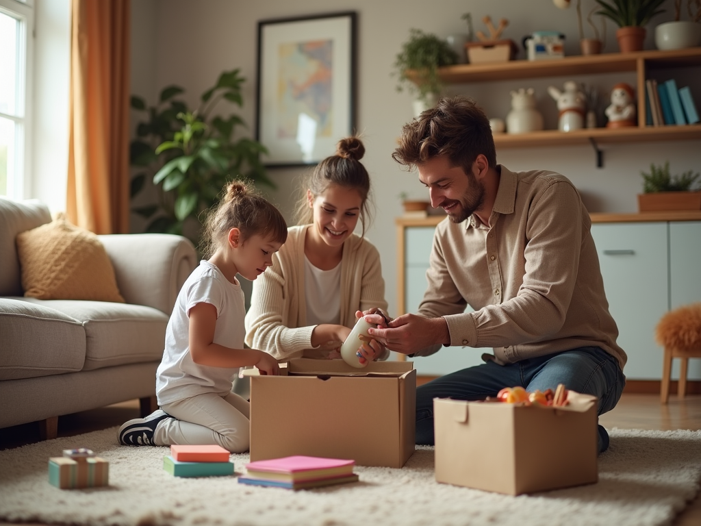 Family playing together with toys on living room floor.