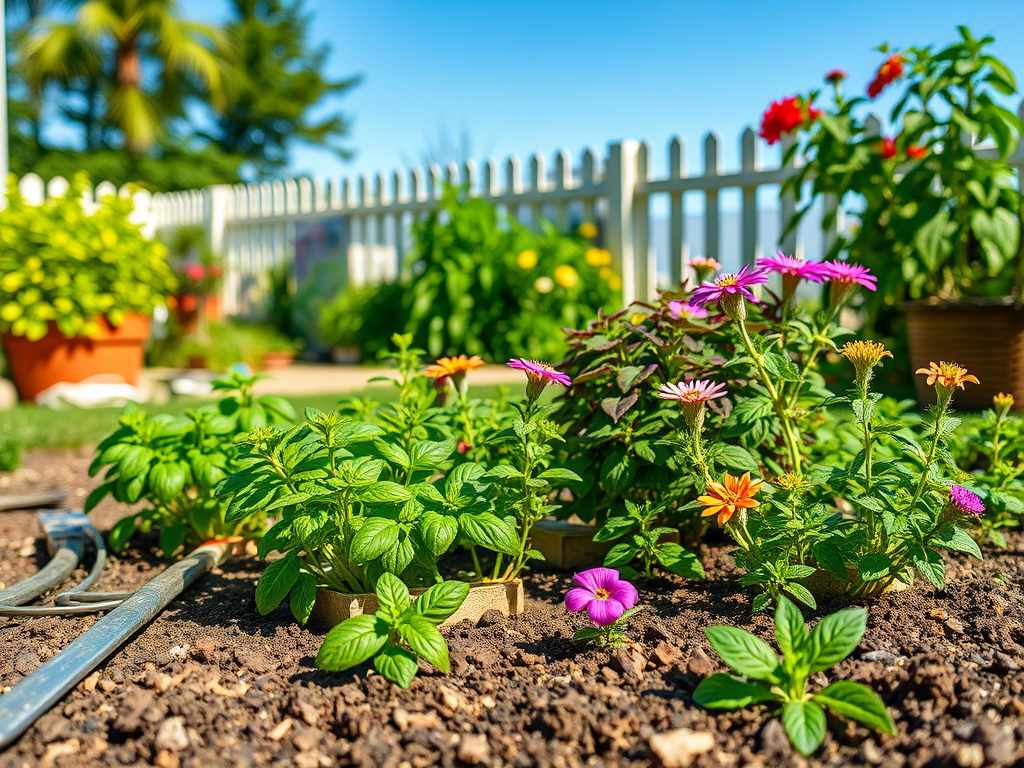 A vibrant garden with colorful flowers, lush greenery, and a white picket fence under a clear blue sky.