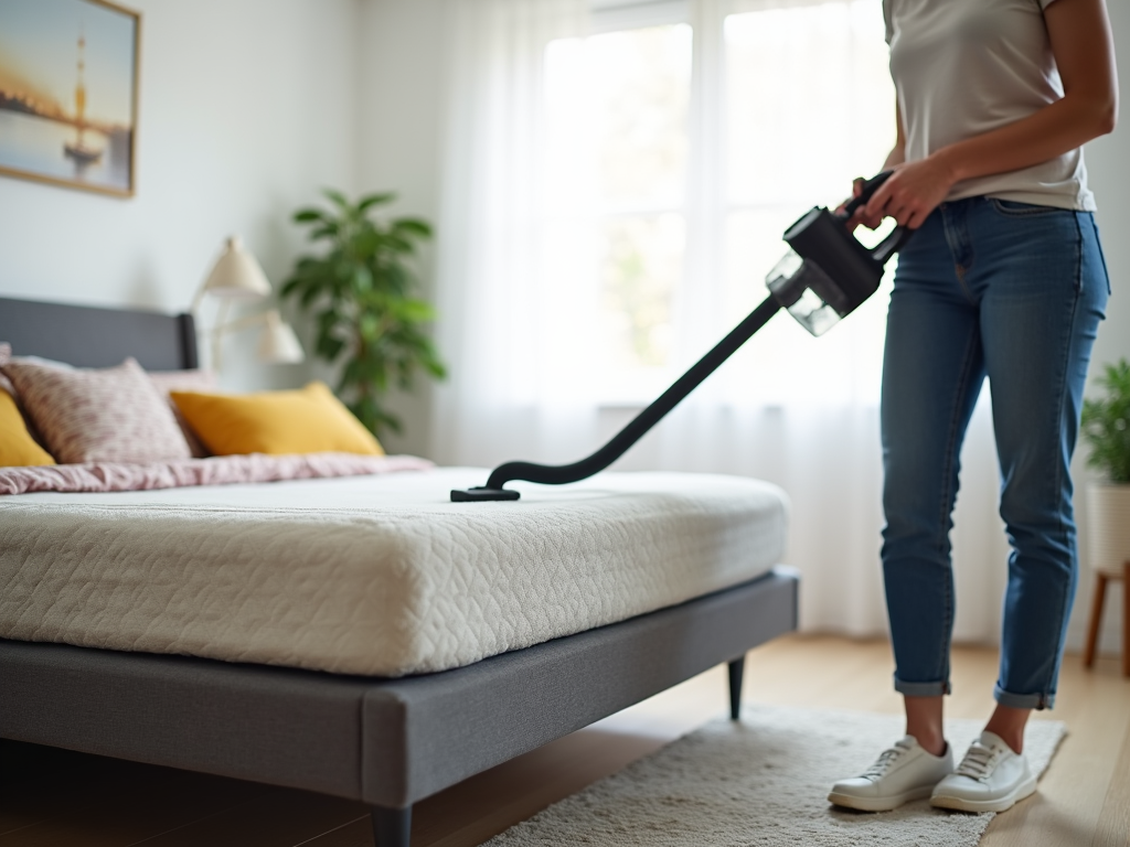 Woman vacuuming the floor next to a bed in a bright, neatly decorated bedroom.