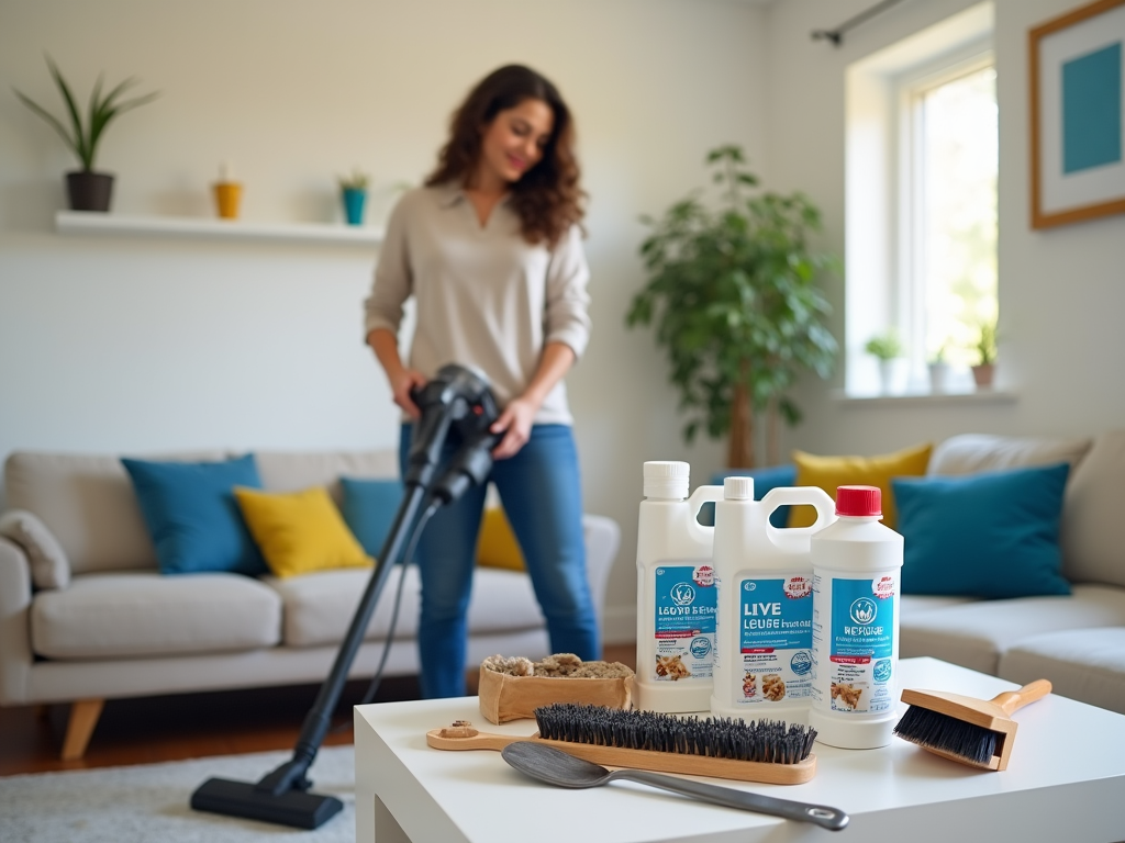 Woman vacuuming a living room with cleaning products and brushes on the table in foreground.