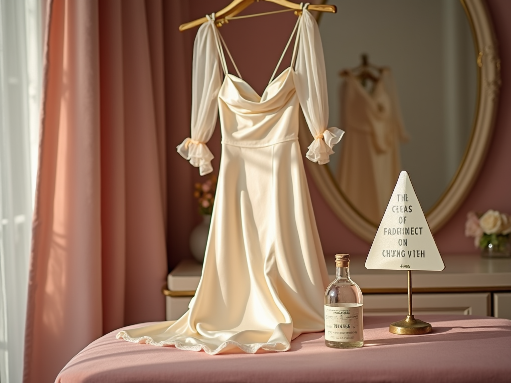 Elegant cream wedding dress hanging beside a labeled pyramid and a bottle, room has a vintage mirror.