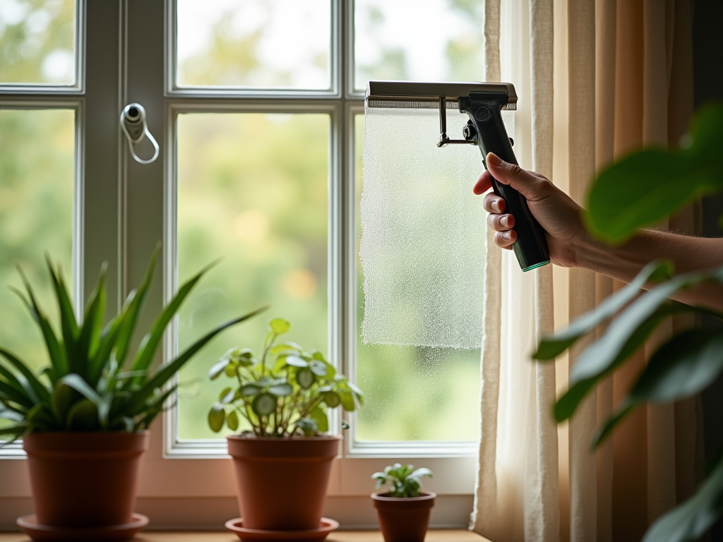 Person cleaning window with squeegee, plants on window sill, green outdoor view.