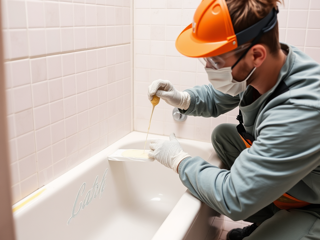 A worker in safety gear applies a coating in a bathroom tub, focusing on precision and cleanliness.