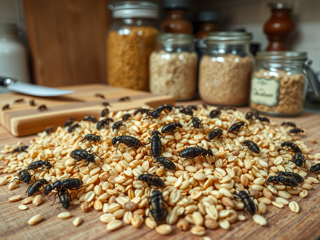 A pile of grains with many black insects scattered across, set on a wooden surface with jars in the background.