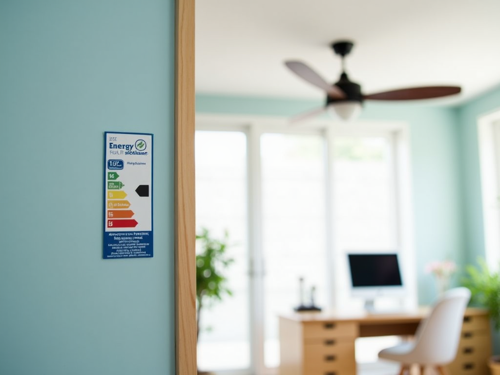 Energy efficiency label on a door frame in a modern office with blurred interior background.