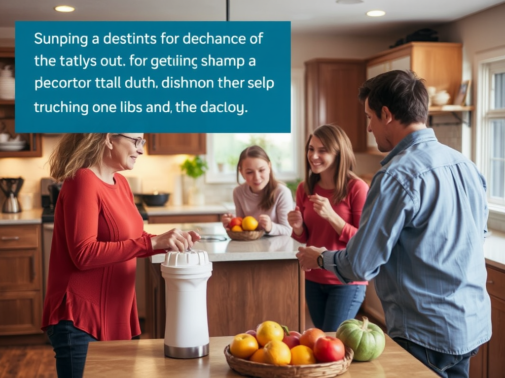 A family gathers in a kitchen, discussing fruit and preparing food while surrounded by fresh produce.