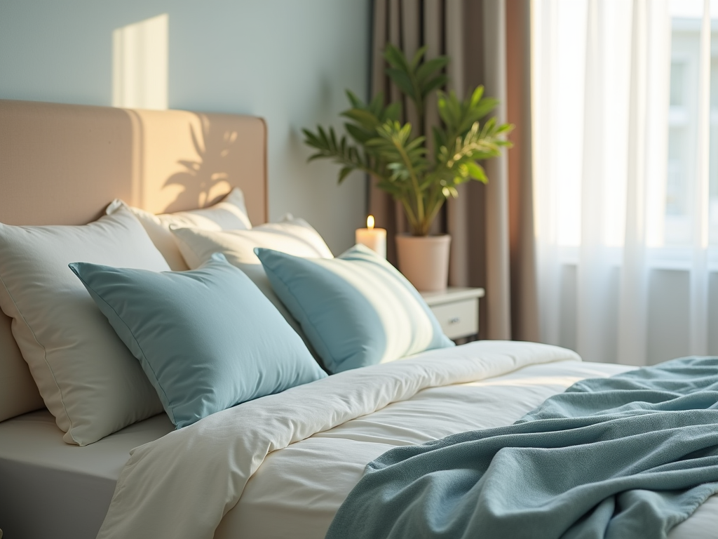 Cozy bedroom with sunlight filtering through, featuring neatly arranged pillows on a bed and a plant.