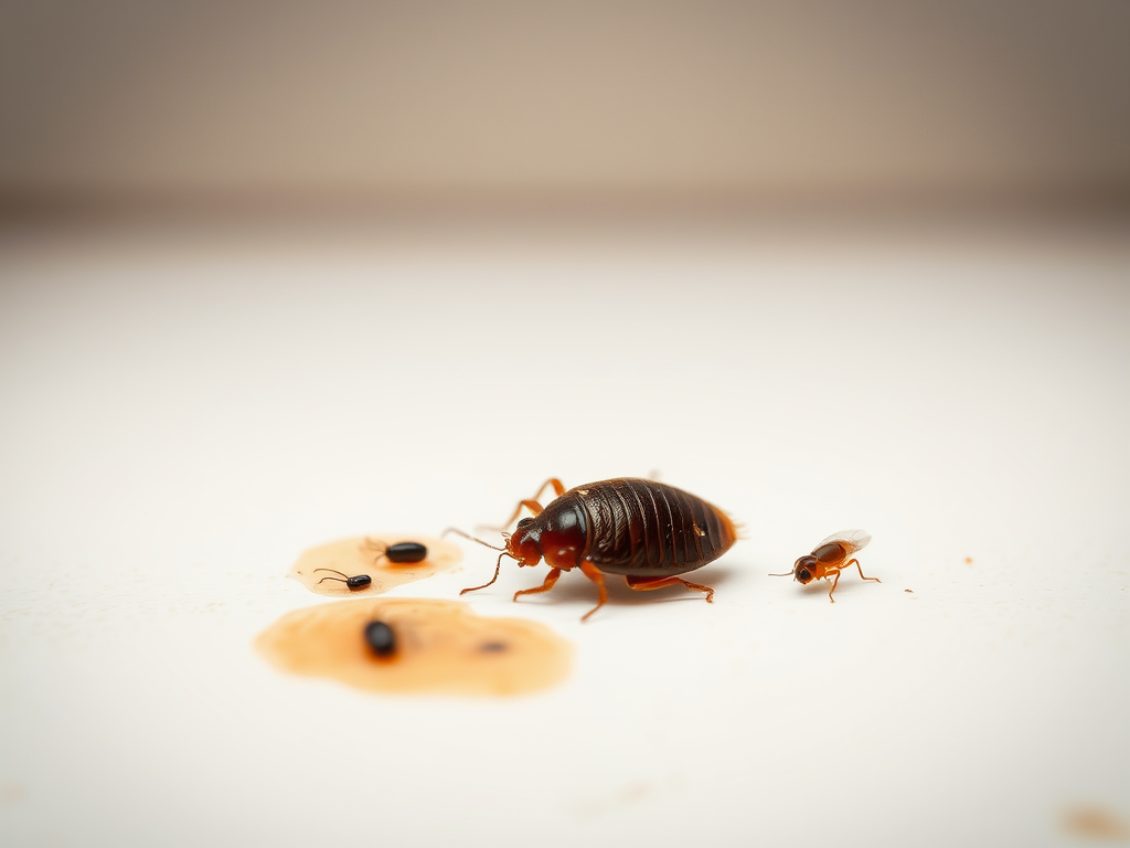 A close-up of bedbugs on a surface with specks of brown liquid, highlighting their bodies and antennae.