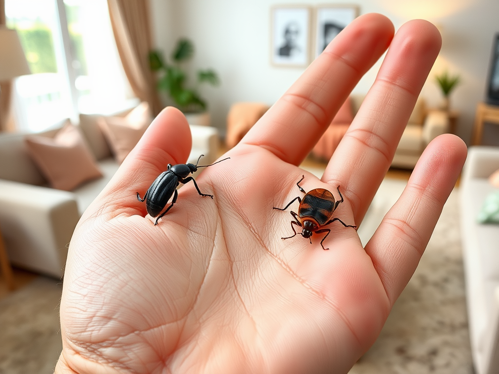 A hand holds two colorful beetles, one black and one orange with stripes, in a bright living room setting.