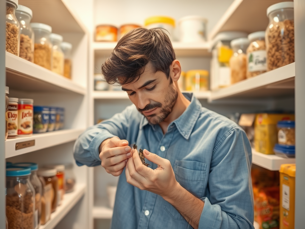 A young man examines an herb in his hand while standing in a well-organized pantry filled with various containers.