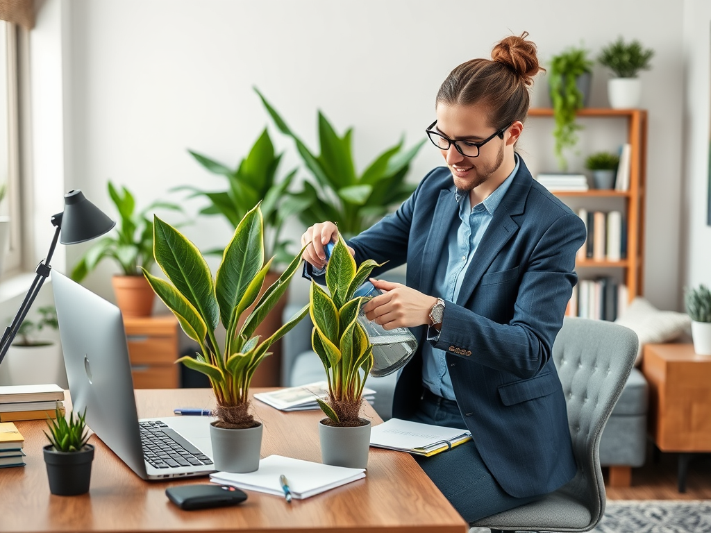 A man in a suit waters green plants on his desk in a bright, modern office setting.