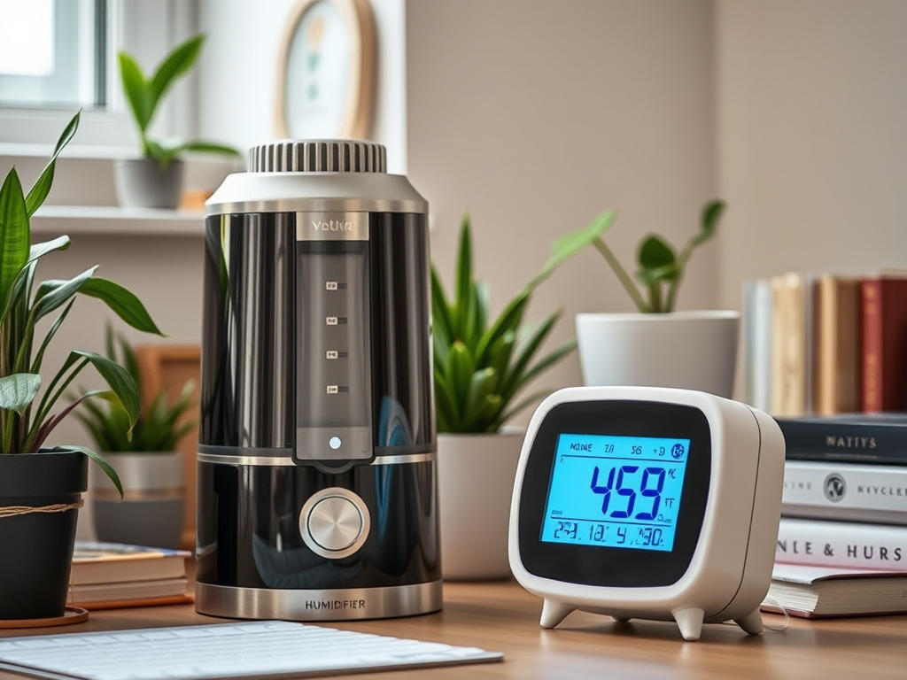 A humidifier and digital clock are displayed on a wooden desk surrounded by green plants and books.