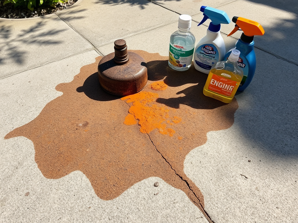 A rusty metal object spills orange liquid on concrete, surrounded by various cleaning products.