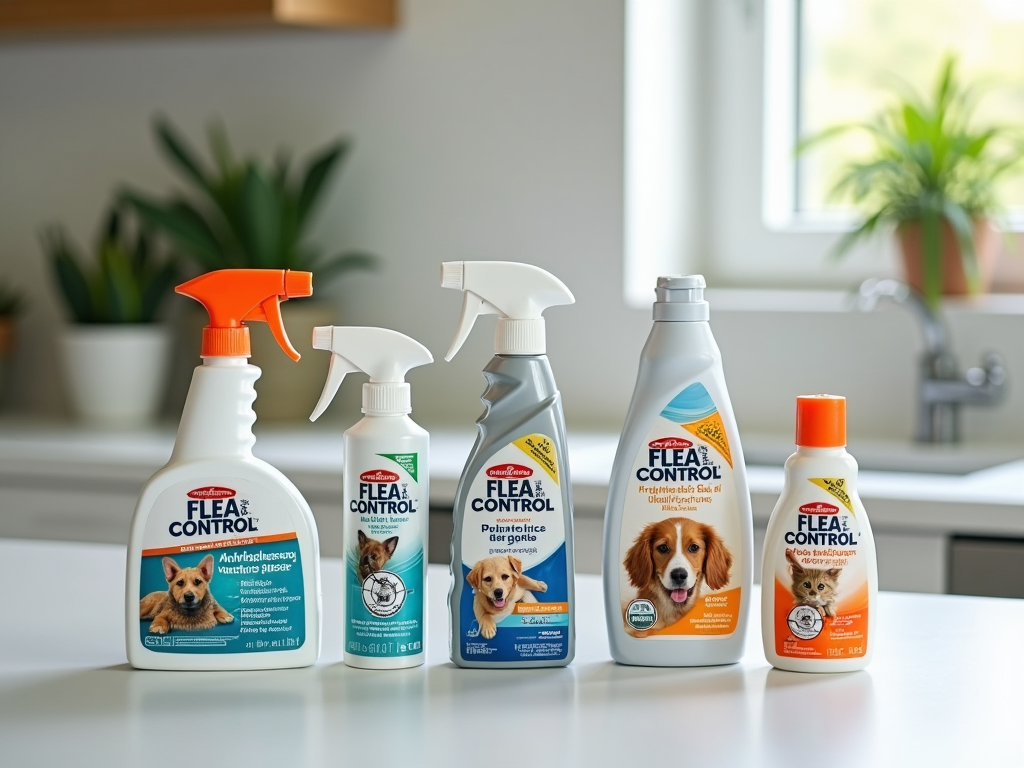 Assortment of flea control products for pets displayed on a kitchen counter.