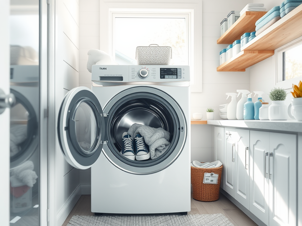 A modern laundry room with a washing machine, towels inside, and organized shelves with cleaning supplies.