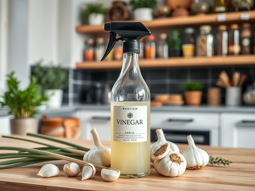 A bottle of garlic vinegar sits on a wooden kitchen table with garlic cloves and green onions in the background.