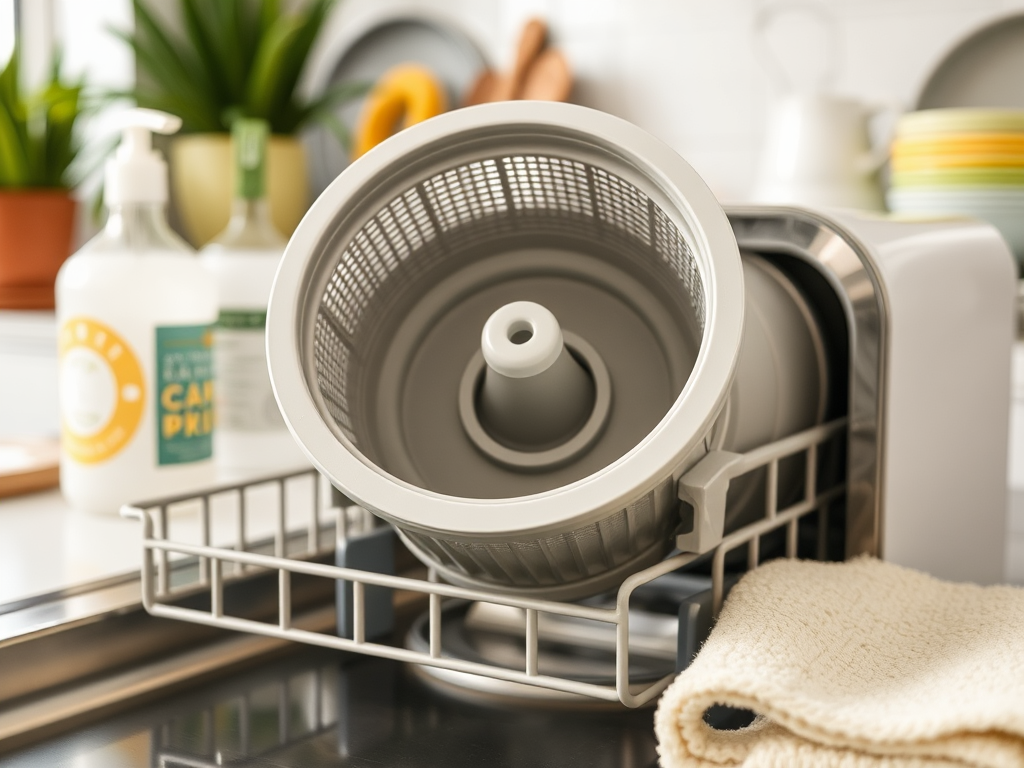 A close-up of a dish rack with a modern gray basin, dish soap bottles, and a beige towel in a bright kitchen setting.