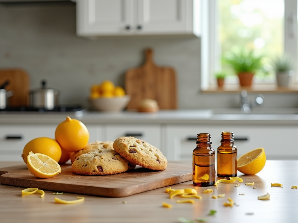 Freshly baked cookies with lemons and essential oil bottles on a kitchen counter.