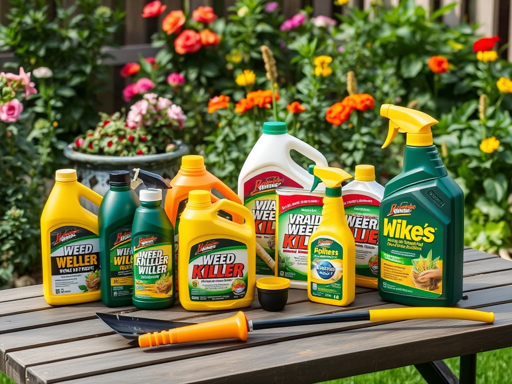 A selection of gardening products and weed killers displayed on a wooden table, with colorful flowers in the background.