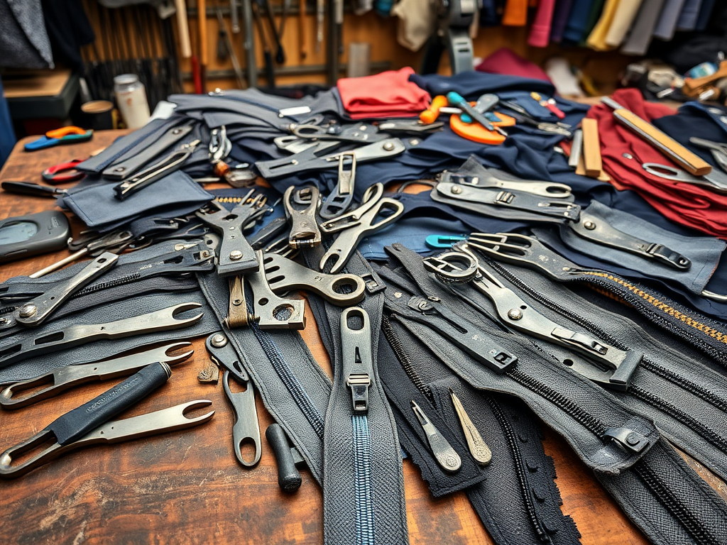 A cluttered table covered in various sewing tools, zippers, and fabric pieces, showcasing a creative workspace.