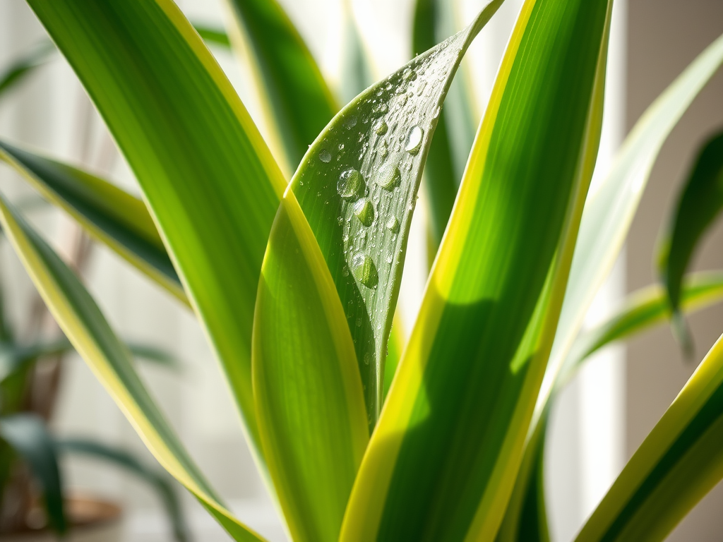 Close-up of vibrant green leaves with yellow edges, glistening with droplets of water in soft, natural light.