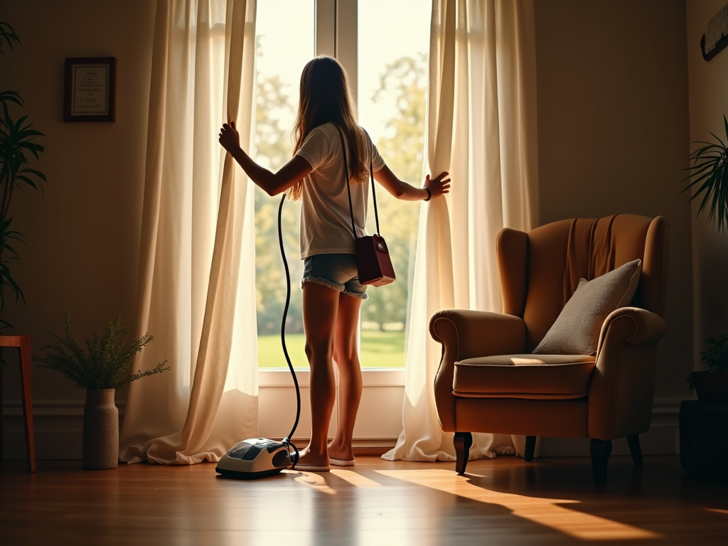 Woman standing by window holding vacuum cleaner, with sunlight streaming into cozy room.