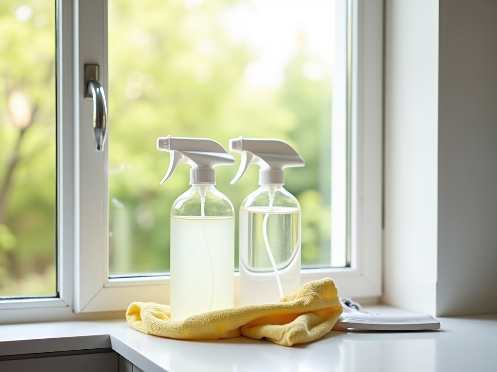 Two spray bottles with cleaning solution next to a yellow cloth on a windowsill overlooking greenery.