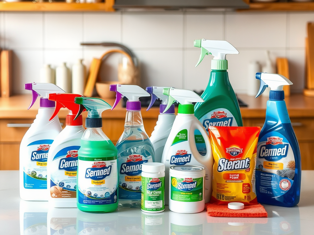 A variety of cleaning products arranged on a kitchen counter, including sprays, liquids, and powders.