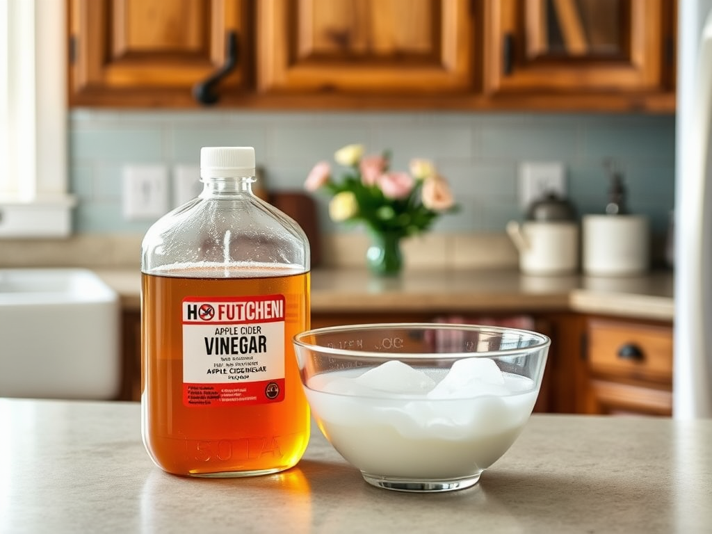 A bottle of apple cider vinegar next to a bowl of liquid with ice cubes, set on a kitchen countertop.