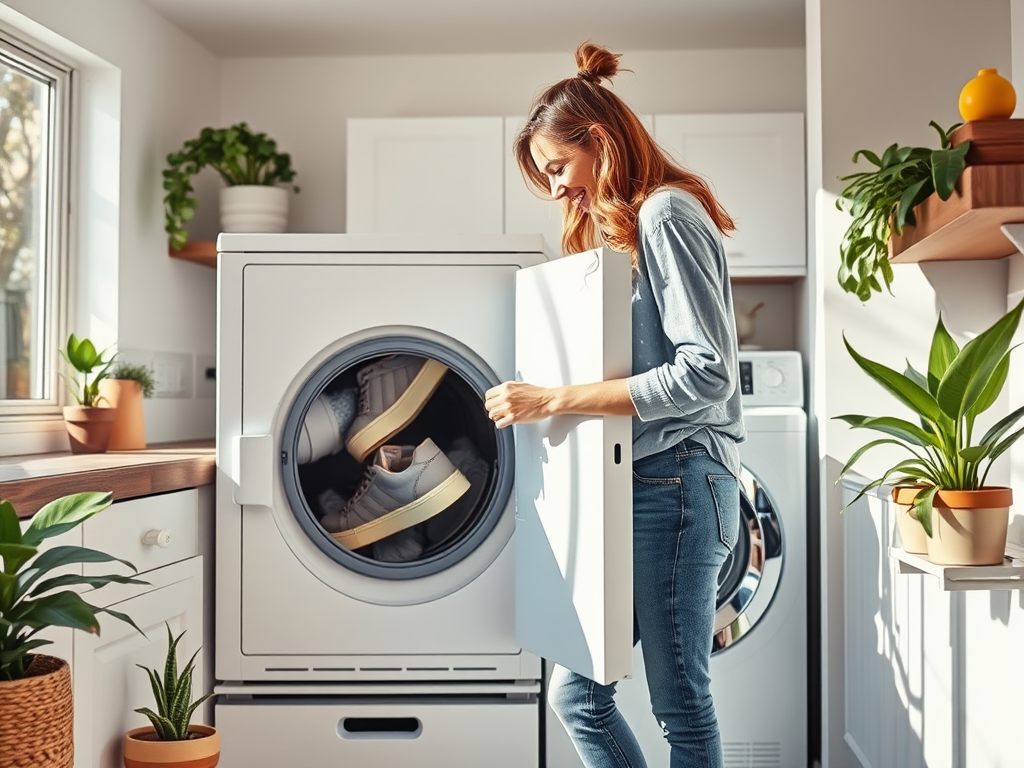 A woman is loading sneakers into a washing machine in a bright, plant-filled laundry room.
