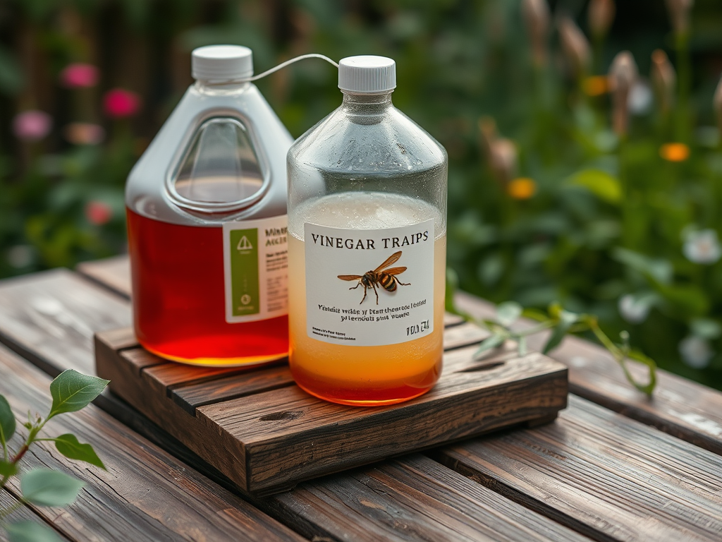 Two bottles of liquid on a wooden tray: one labeled "Vinegar Traips" and the other with a warning label.