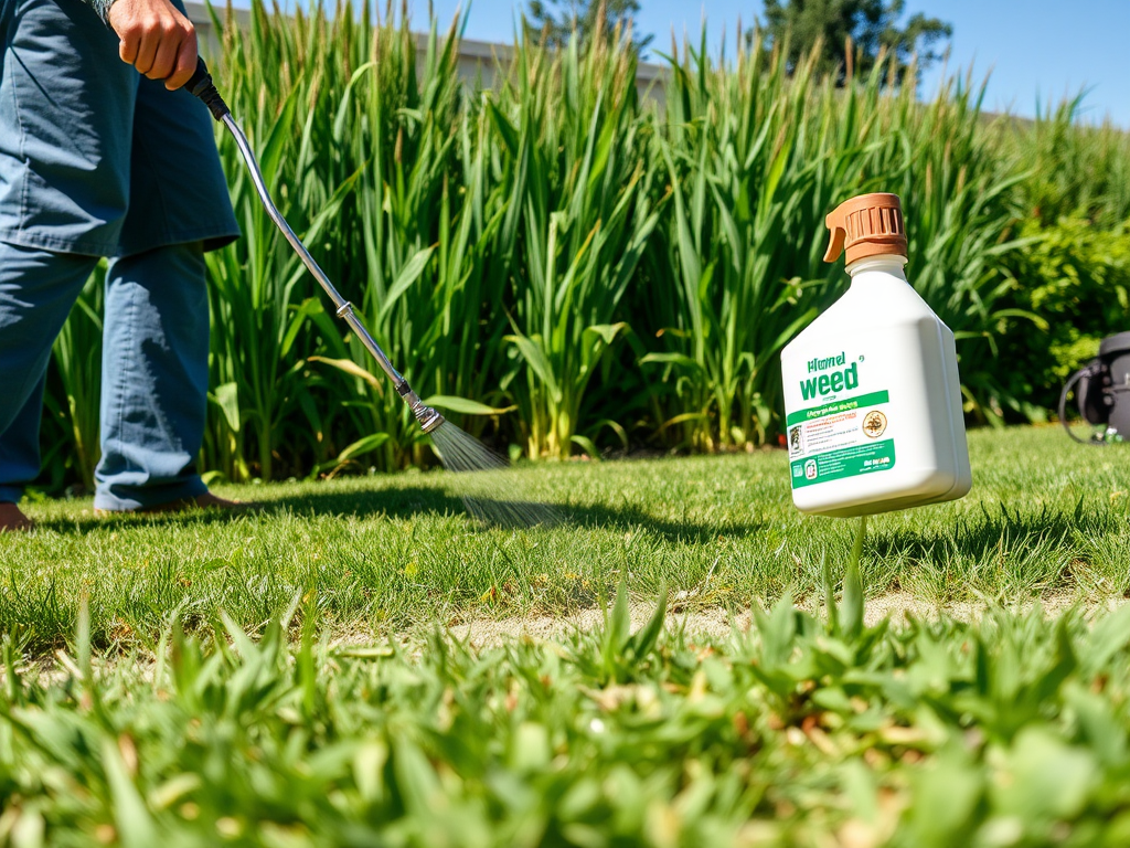 A person sprays weed killer on the grass, with a bottle labeled "Hummel weed" in the foreground.