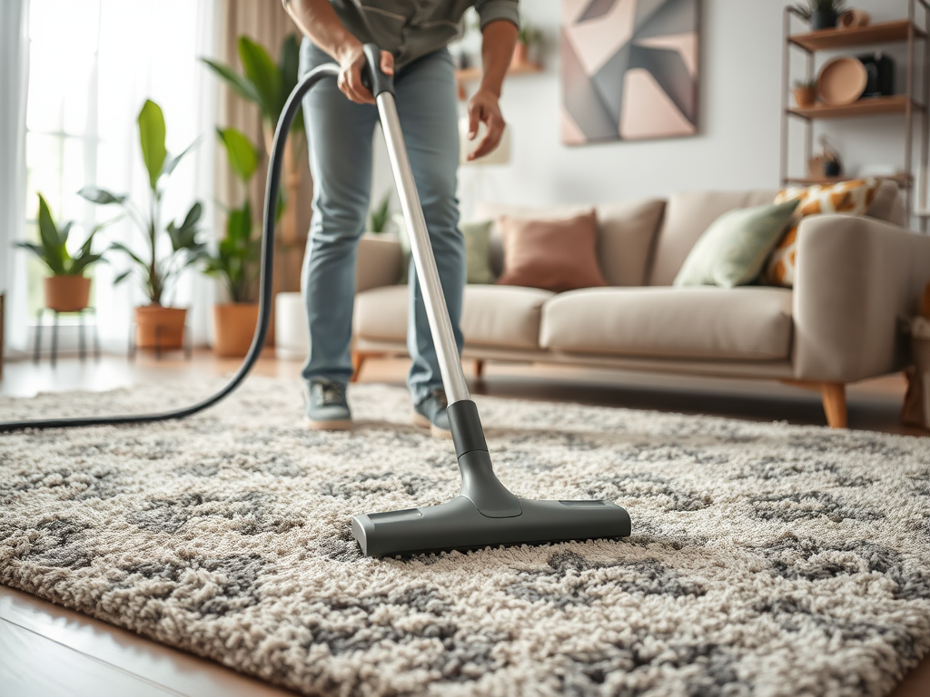 A person vacuums a textured rug in a modern living room with plants and a sofa in the background.