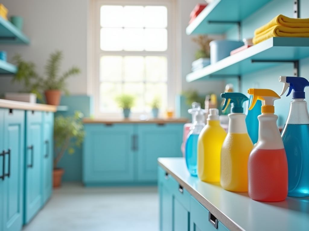 Colorful cleaning spray bottles lined up on a kitchen counter, with a bright and tidy background.