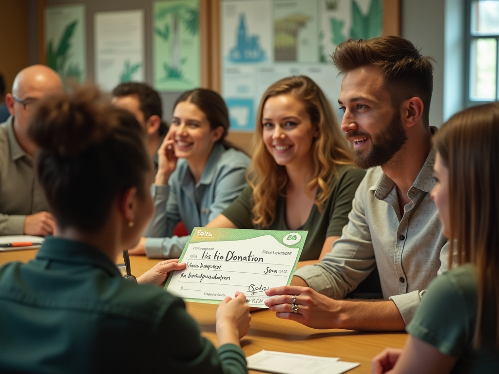 Group of professionals smiling in a meeting room, one holding a donation form.