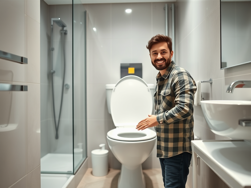 A smiling man in a bathroom gestures towards a modern toilet, showcasing a clean and stylish space.