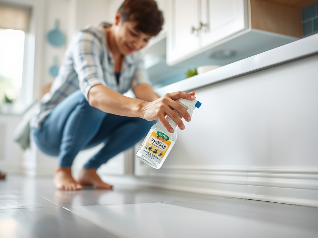 A woman squats while using a spray bottle of vinegar to clean the floor in her kitchen.