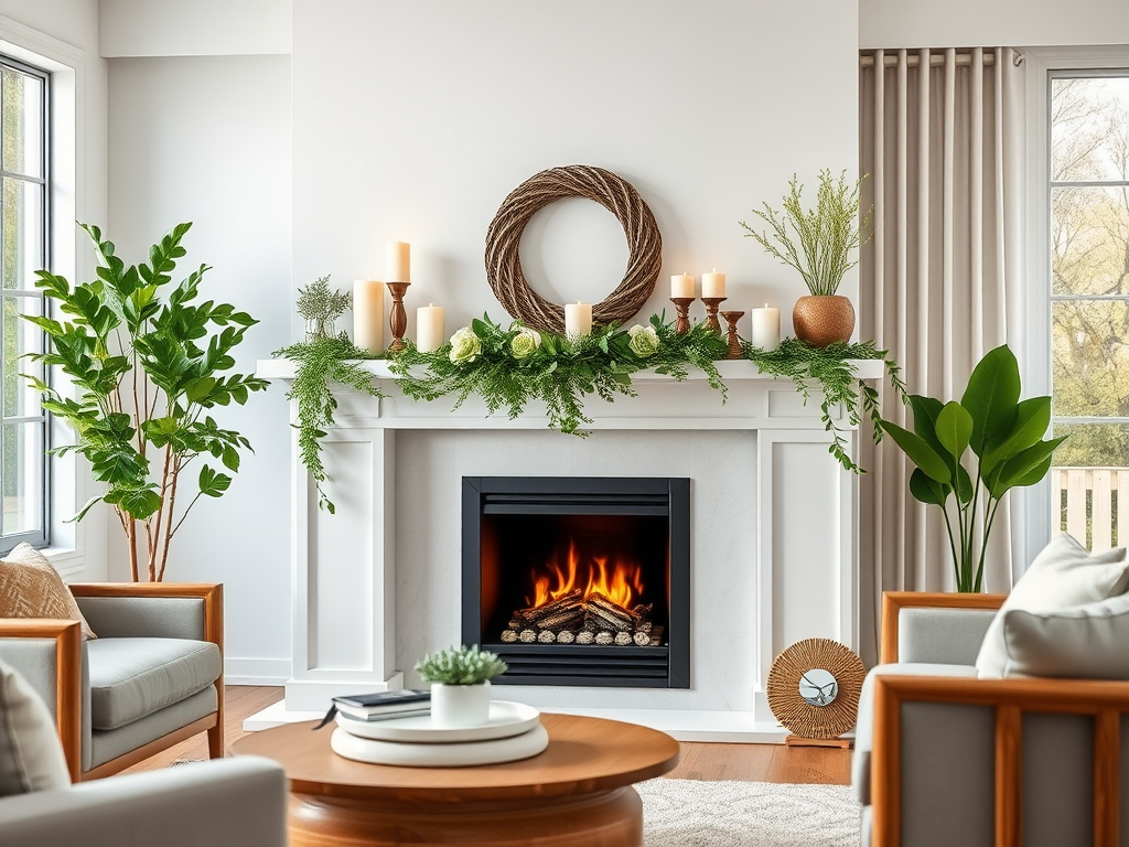 A cozy living room featuring a fireplace, candles, greenery, and stylish furniture, creating a warm atmosphere.