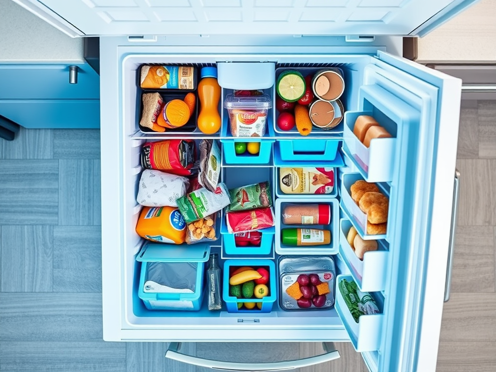 A well-organized refrigerator filled with various fruits, vegetables, condiments, snacks, and beverages.